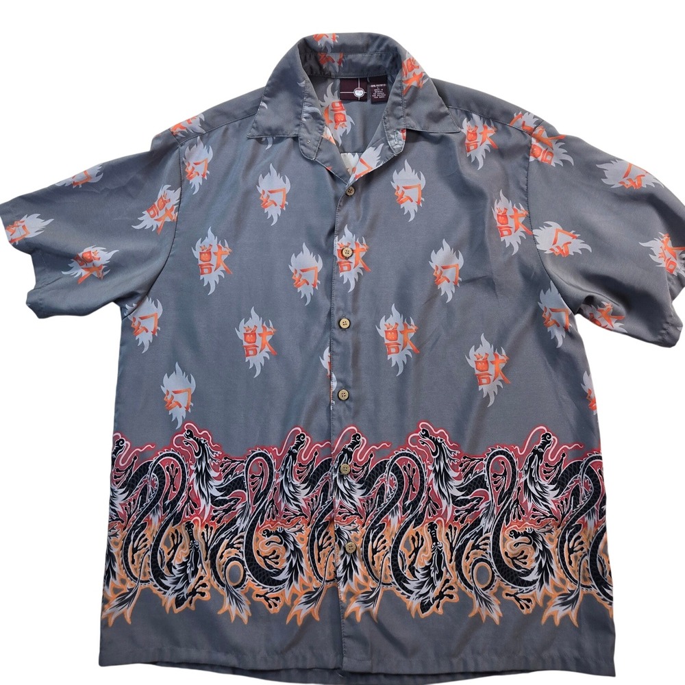 XG Button Down Shirt Mens Large Grey Dragon Kanji Print Short Sleeve Y2K Street